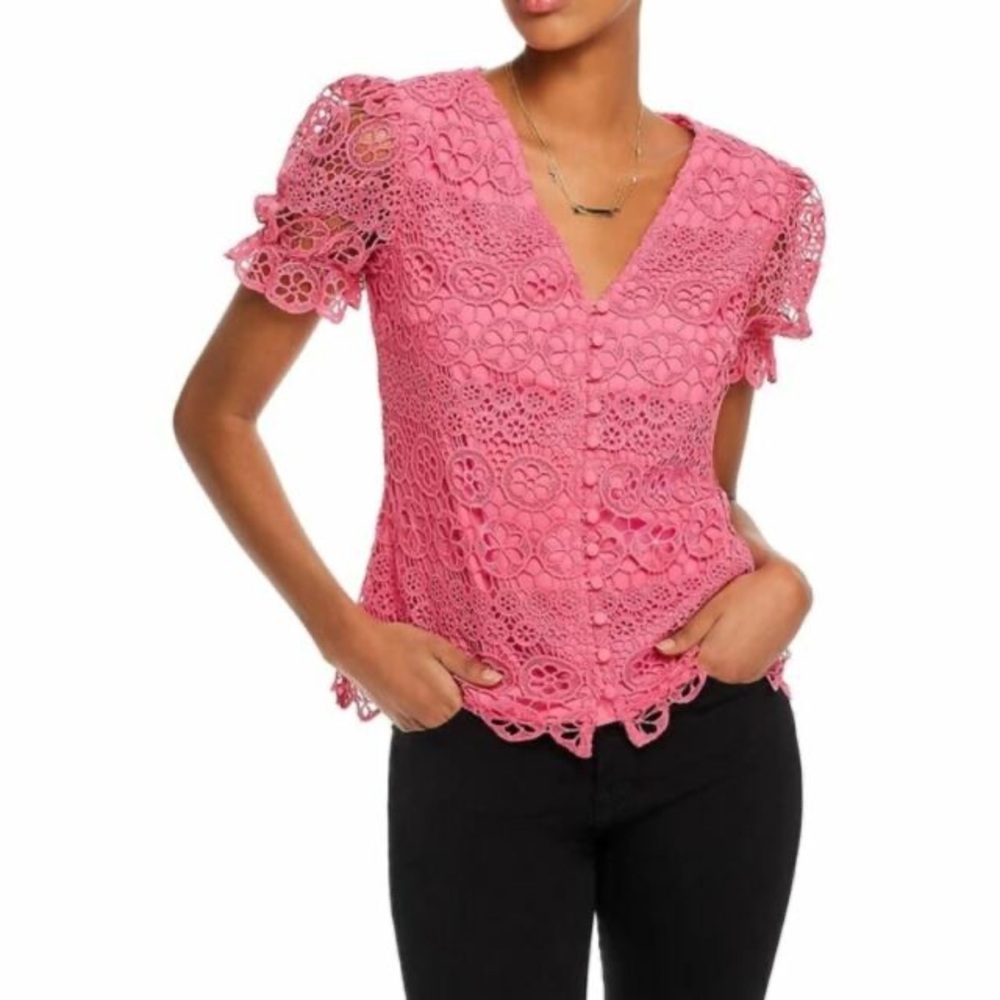 NEW Aqua Barbiecore Pink Short Sleeve Puff Sleeve Lace Button Down Blouse